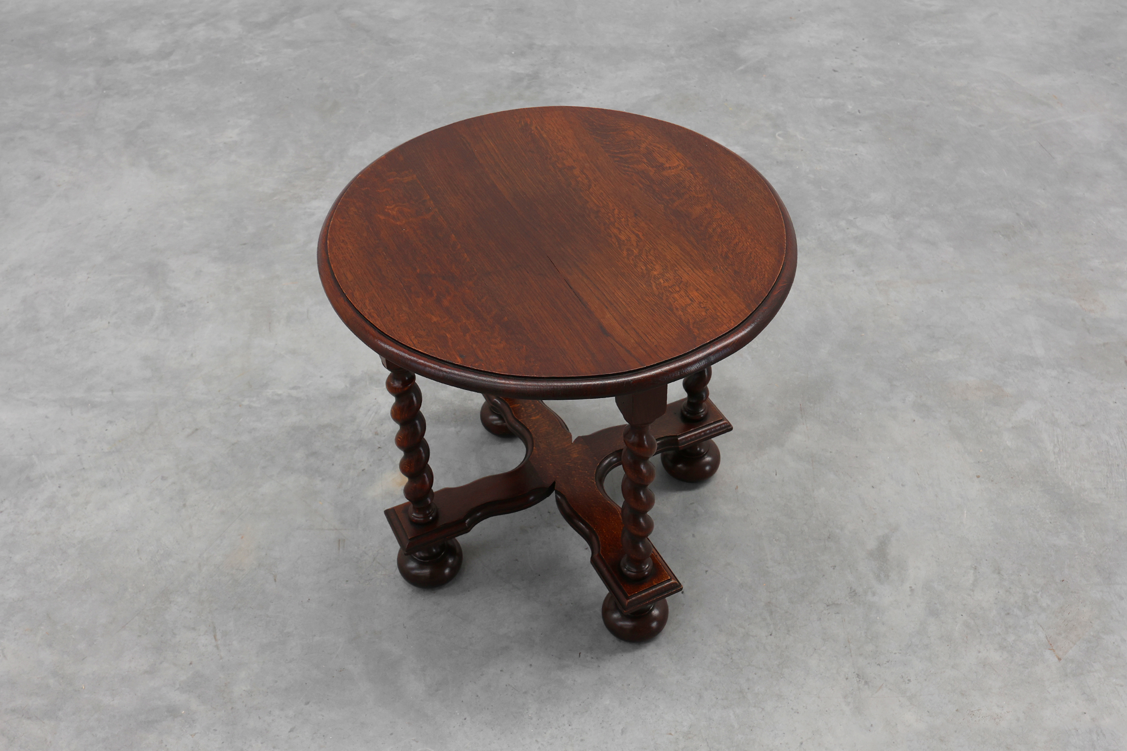 Rustic round barley twist oak side table, France 1950sthumbnail